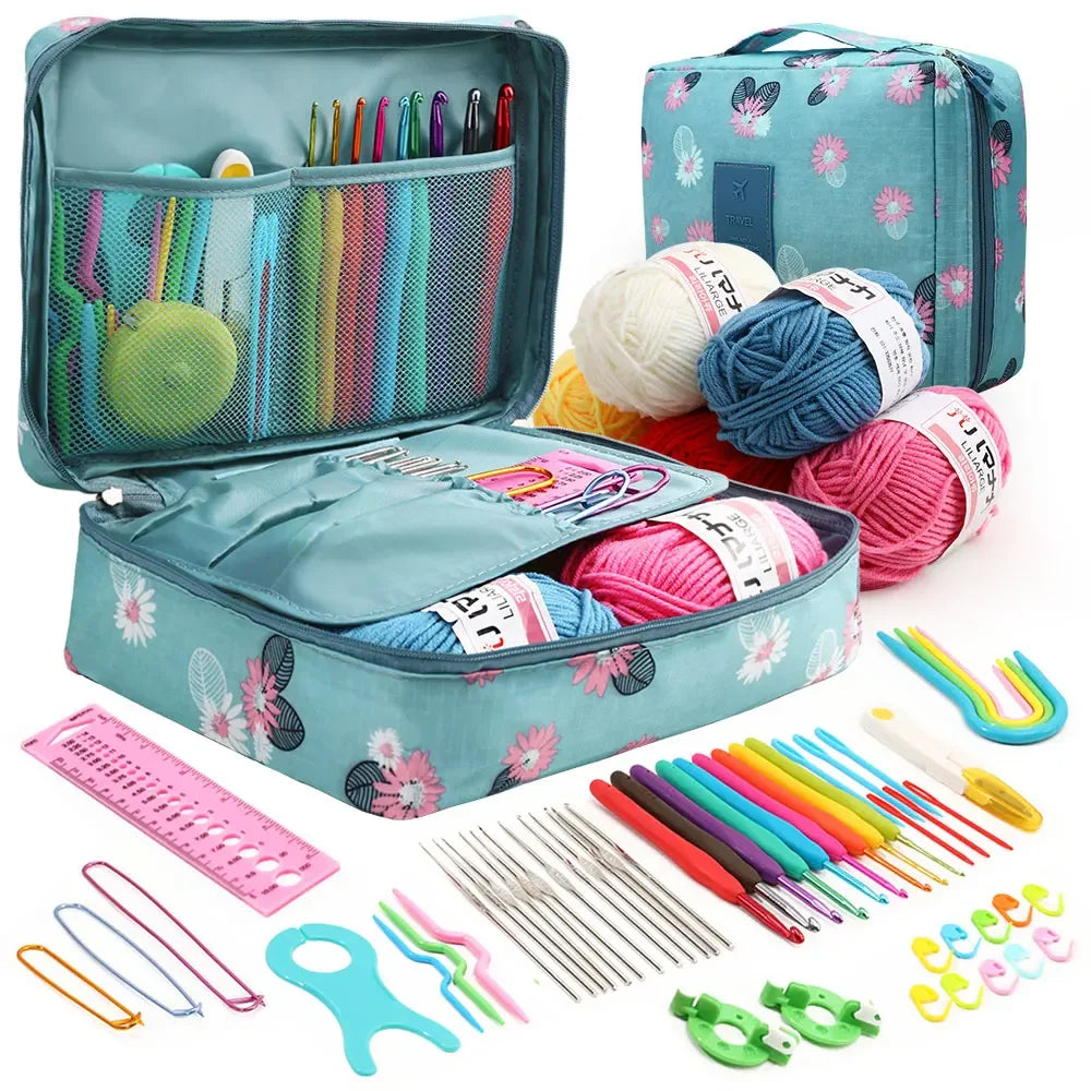 59-Piece Portable Crochet & Knitting Kit with Hooks, Yarn, and Storage Bag