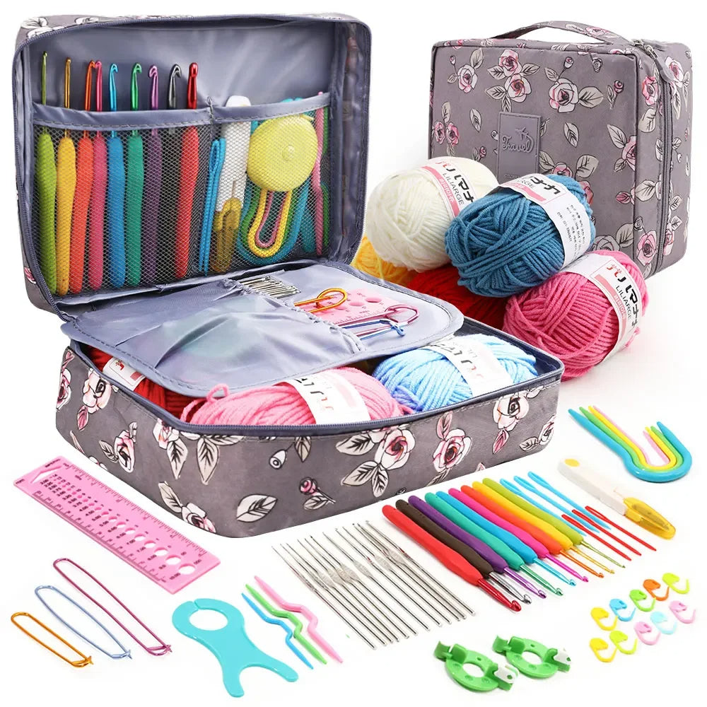 59-Piece Portable Crochet & Knitting Kit with Hooks, Yarn, and Storage Bag